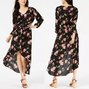 American Rag Maxi Dress Black Rose Western Floral hi/lo Smocked Waist Boho‎ XXS